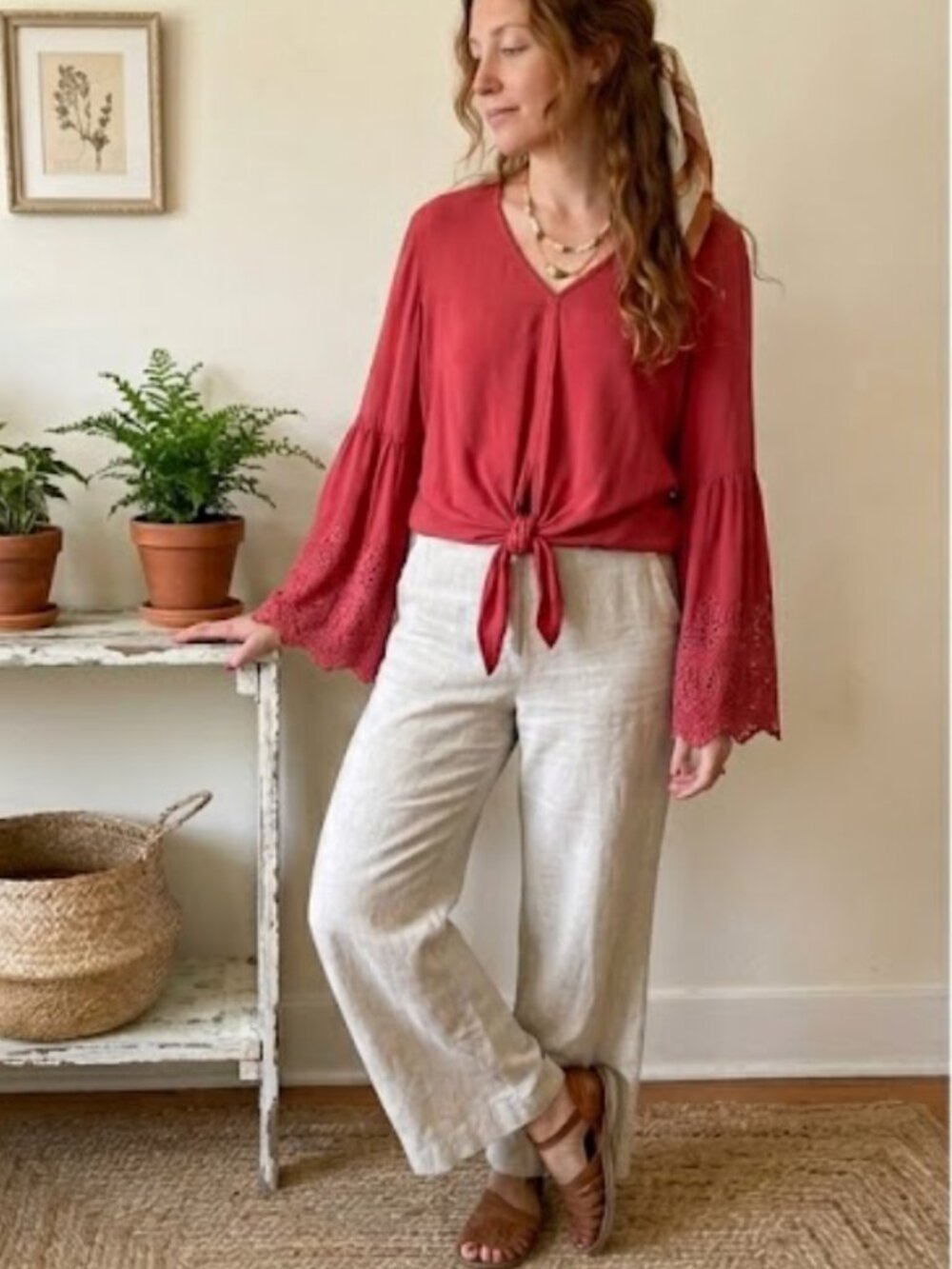 Tribal Boho Red Eyelet Top Women’s M Wide Sleeve Festival Hippie Vibes